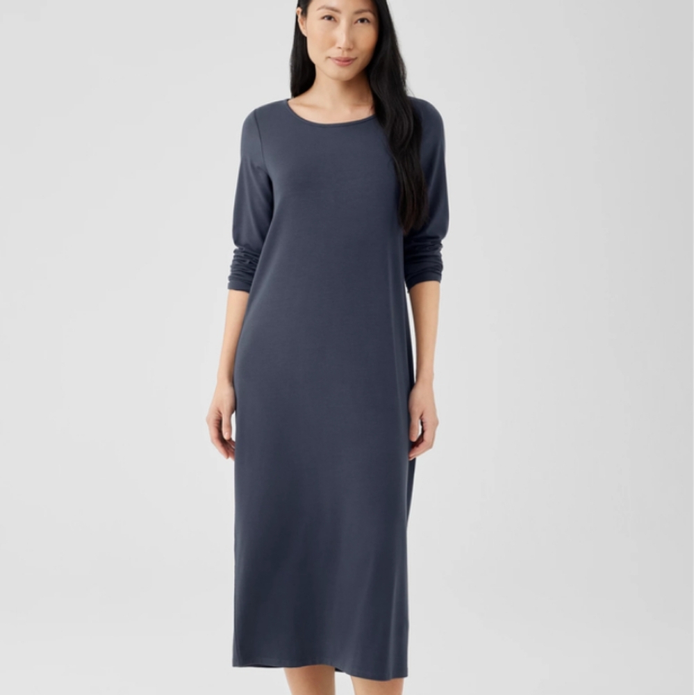 Eileen Fisher Blue Sheath Dress Long Sleeve Crew Neck Slim Fit Dress - Picture 1 of 8